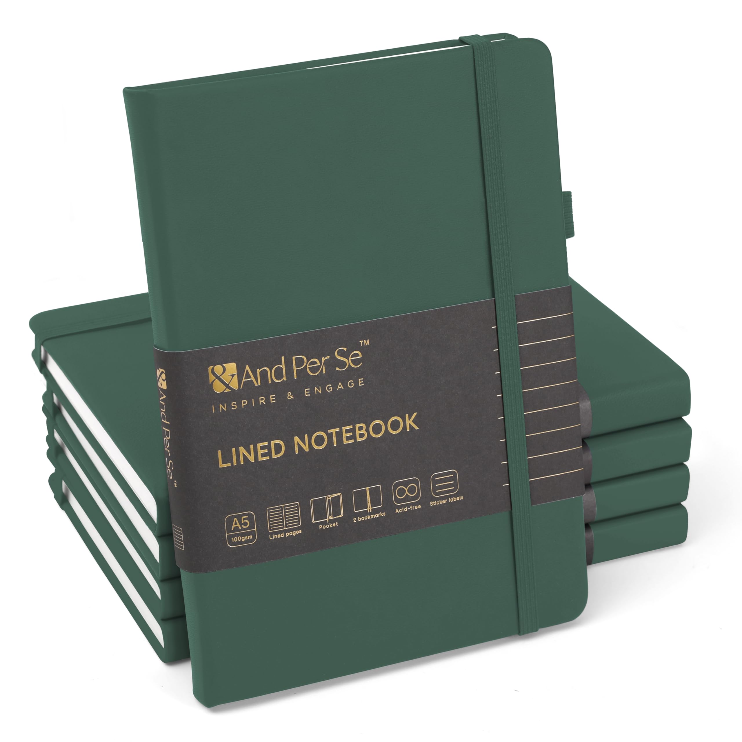 &And Per Se Lined Notebooks Bulk 5-Pack, A5 Hardcover Journal, 160 Pages 100gsm Thick Paper, Classroom Supplies for Students, Teachers, College Ruled Notebooks for School Office (Green)