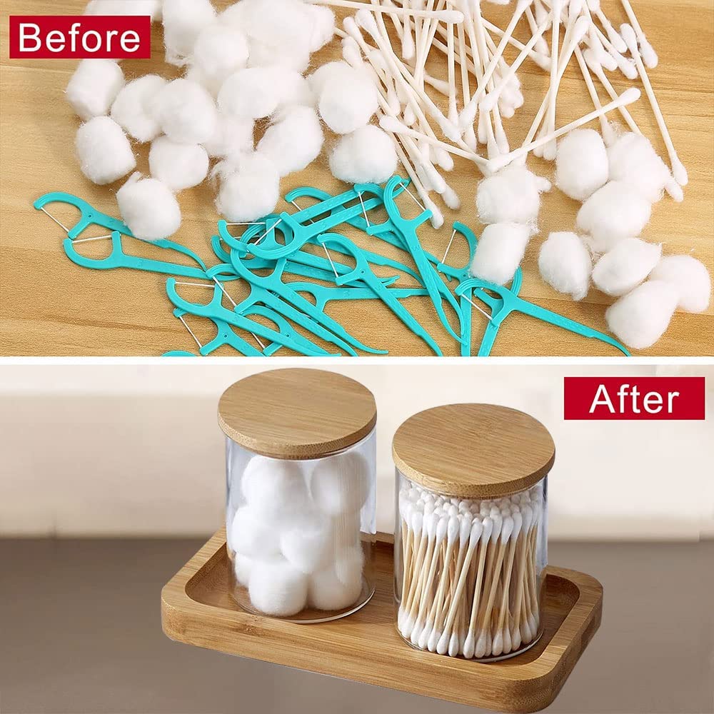 BKYFPQ Glass Qtip Holder Dispenser with Bamboo Vanity Tray