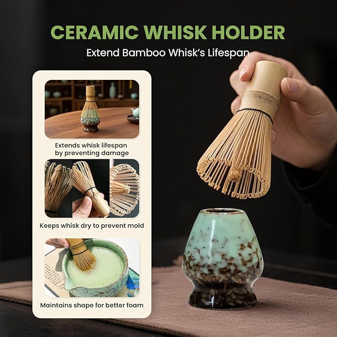 Matcha Whisk Set, Ceramic Matcha Set Includes Matcha Bowl, Whisk & Holder, Scoop, Sifter, Spoon, Scoop Rest, Tea Mat, Hand Book - 9 Pcs Kit for Matcha Lovers (Green)