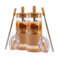 Pandaloo® Glass Cups With Lids and Straws -20 Fl Oz- Perfect Size Iced Coffee Cup - Smoothie Cup With Bamboo Lid and On the go Lid - Glass Tumbler With Straw (2 Count (Pack of 1), Amber Sand)