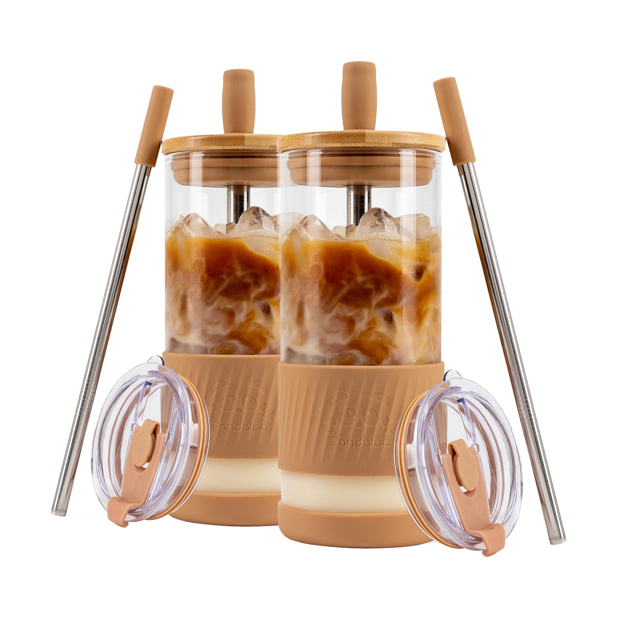 Pandaloo® Glass Cups With Lids and Straws -20 Fl Oz- Perfect Size Iced Coffee Cup - Smoothie Cup With Bamboo Lid and On the go Lid - Glass Tumbler With Straw (2 Count (Pack of 1), Amber Sand)
