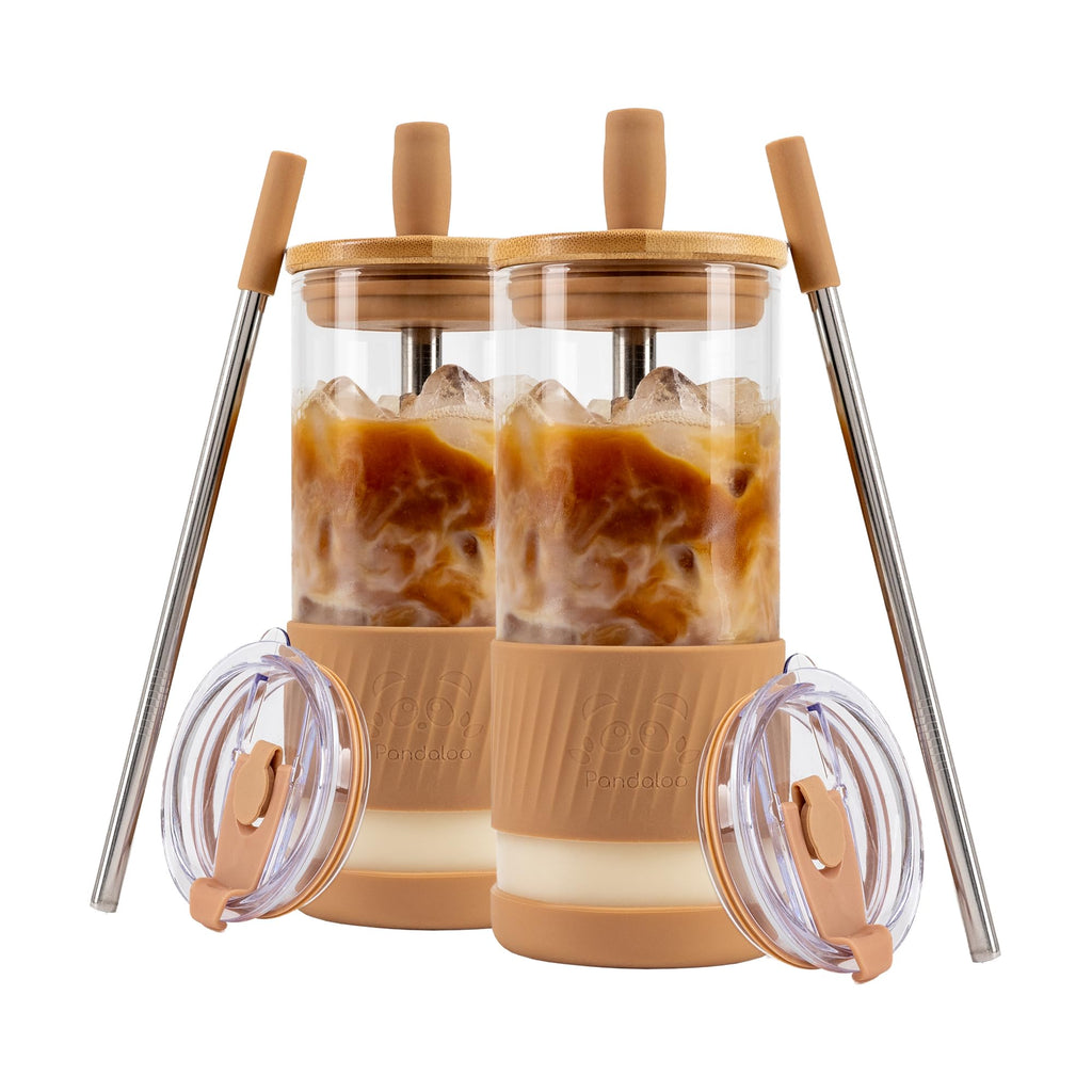 Pandaloo® Glass Cups With Lids and Straws -20 Fl Oz- Perfect Size Iced Coffee Cup - Smoothie Cup With Bamboo Lid and On the go Lid - Glass Tumbler With Straw (2 Count (Pack of 1), Amber Sand)