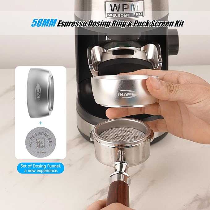 IKAPE Magnetic Dosing Funnel Set, 58MM Espresso Dosing Ring & Puck Screen Kit Compatible with 58MM Bottomless Portafilter - with 10 Small Magnet (Silver)