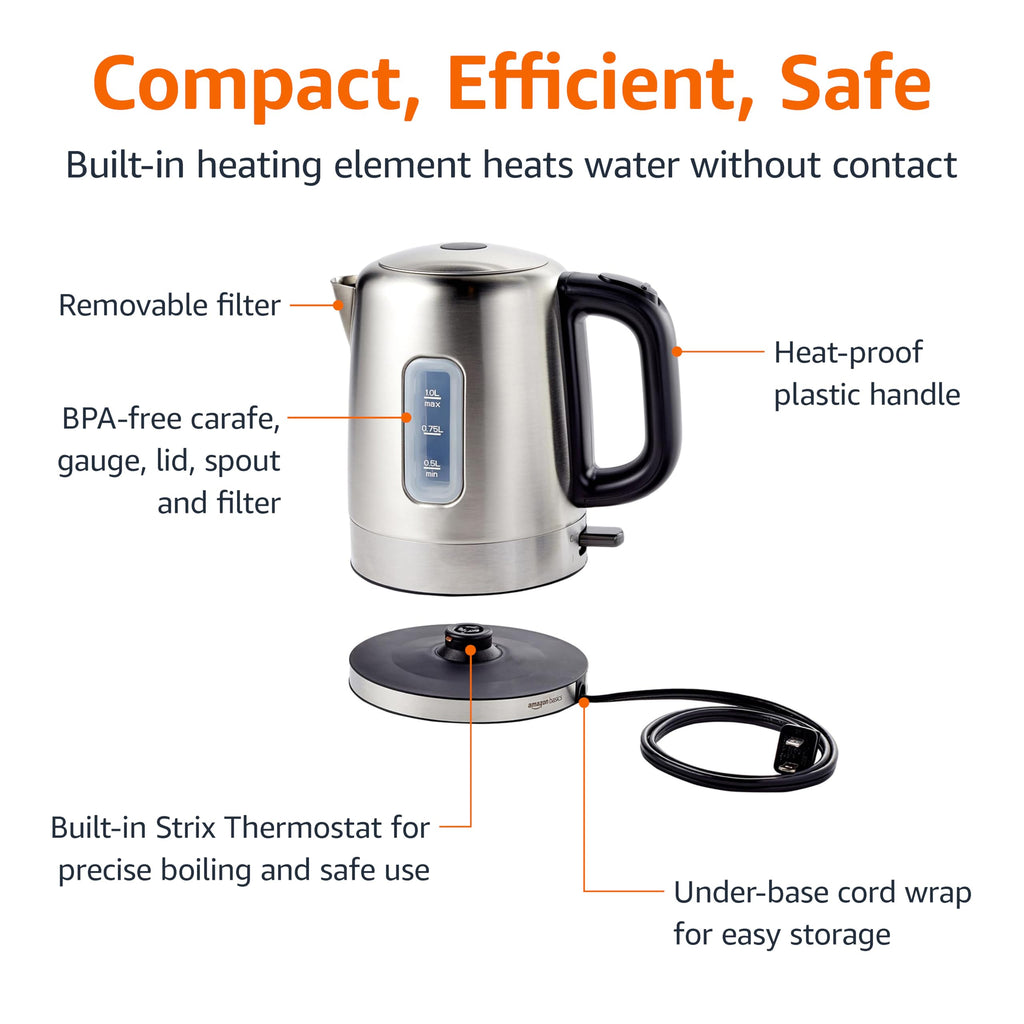 Electric Stainless Steel Kettle for Tea and Coffee, BPA-Free, Fast Boiling, Auto Shut-Off, 1 Liter, 1500W, Black and Silver