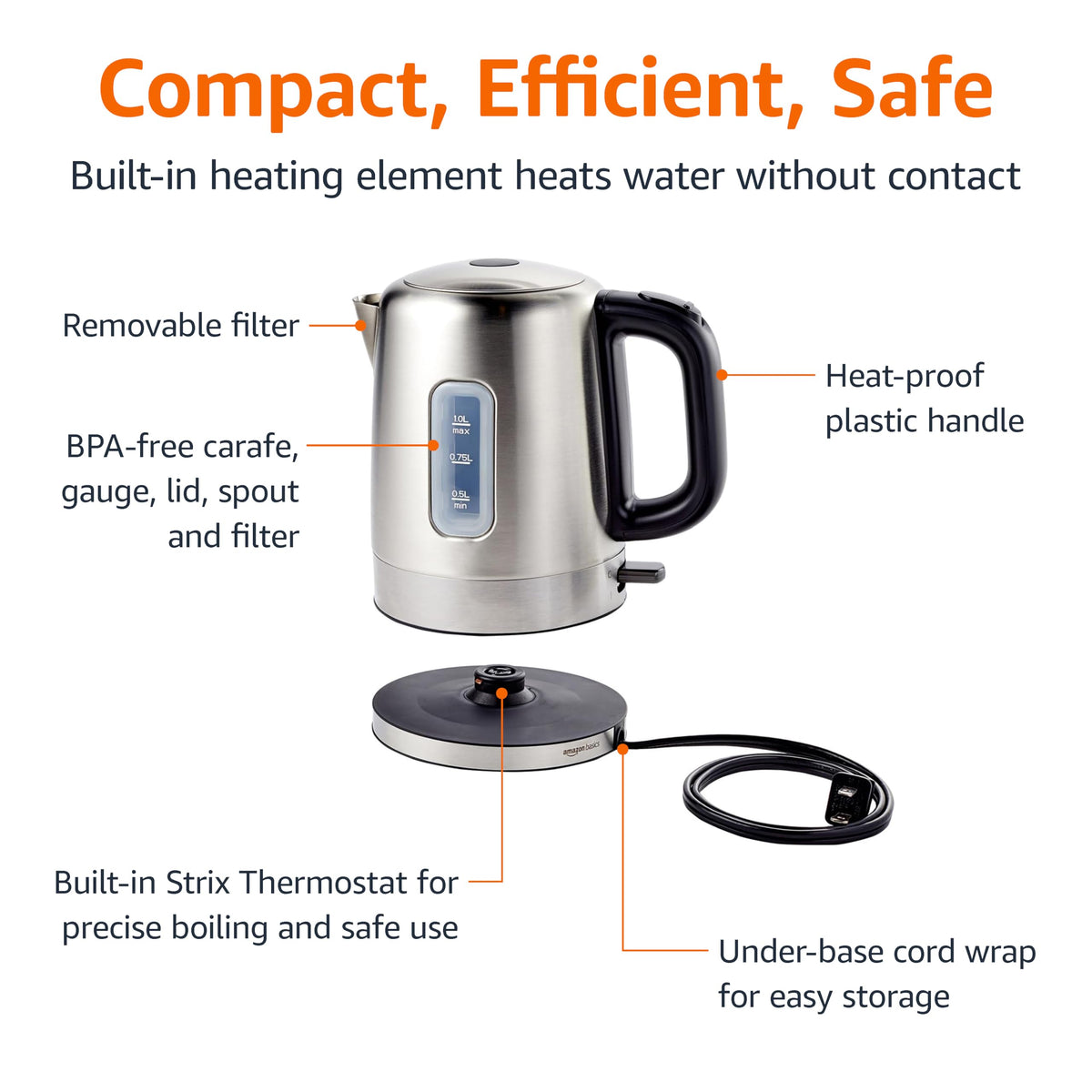 Electric Stainless Steel Kettle for Tea and Coffee, BPA-Free, Fast Boiling, Auto Shut-Off, 1 Liter, 1500W, Black and Silver