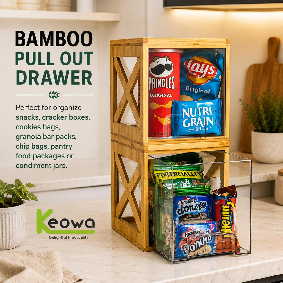 Bamboo Snack & Pantry Organizer, Stackable Pull-Out Drawers, 2 Pack