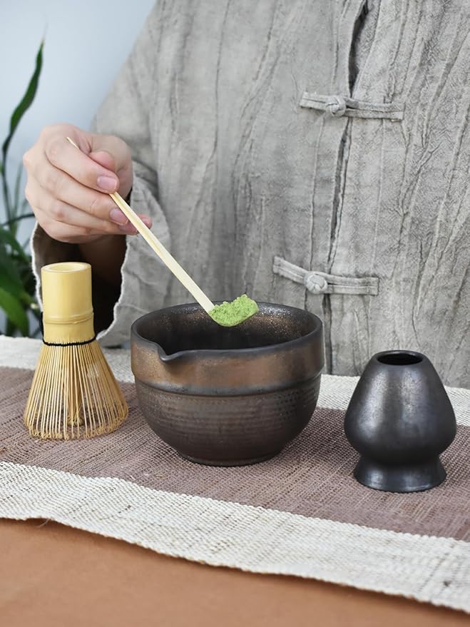 Artcome Luxury Matcha Tea Set – 4-Piece Japanese Matcha Kit with Black Rustic Glazed Bowl & Spout, Bamboo Whisk, Holder, Scoop & Manual – Handcrafted Ceramic Tea Ceremony Set