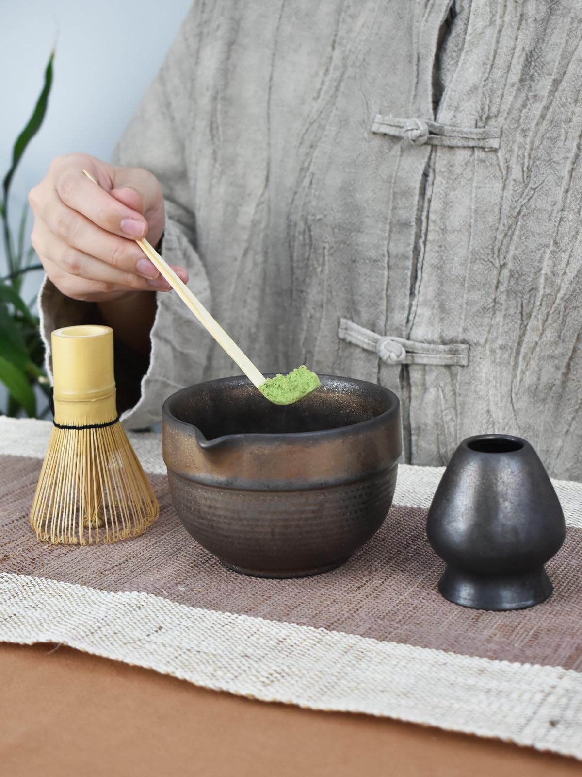 Artcome Luxury Matcha Tea Set – 4-Piece Japanese Matcha Kit with Black Rustic Glazed Bowl & Spout, Bamboo Whisk, Holder, Scoop & Manual – Handcrafted Ceramic Tea Ceremony Set
