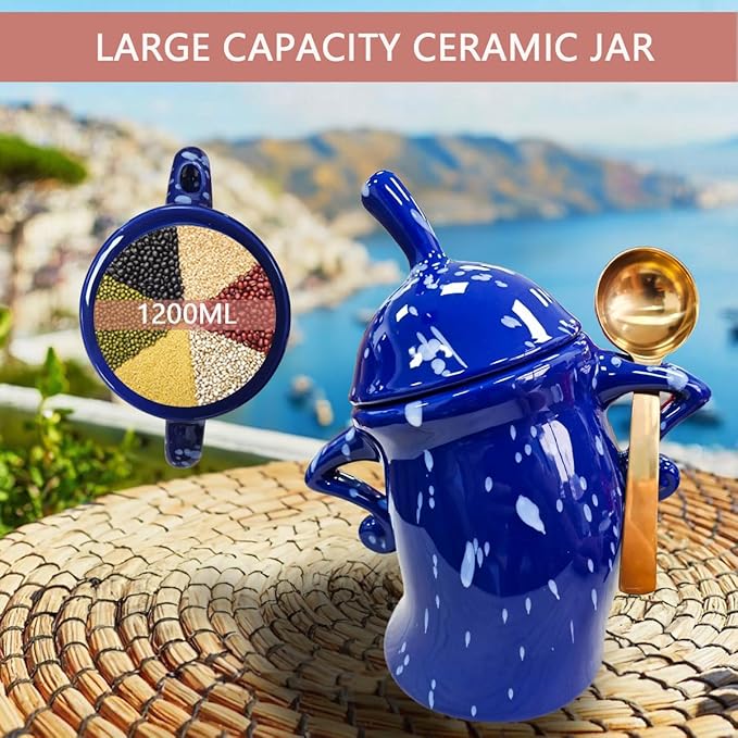 Canister With Attitude - 1.2L Ceramic Storage Jar with Lid, Airtight Kitchen Canisters Set for Coffee, Sugar & Tea | Farmhouse Flour Sugar Storage Container, Handmade with Spoon Rest (Black + White)