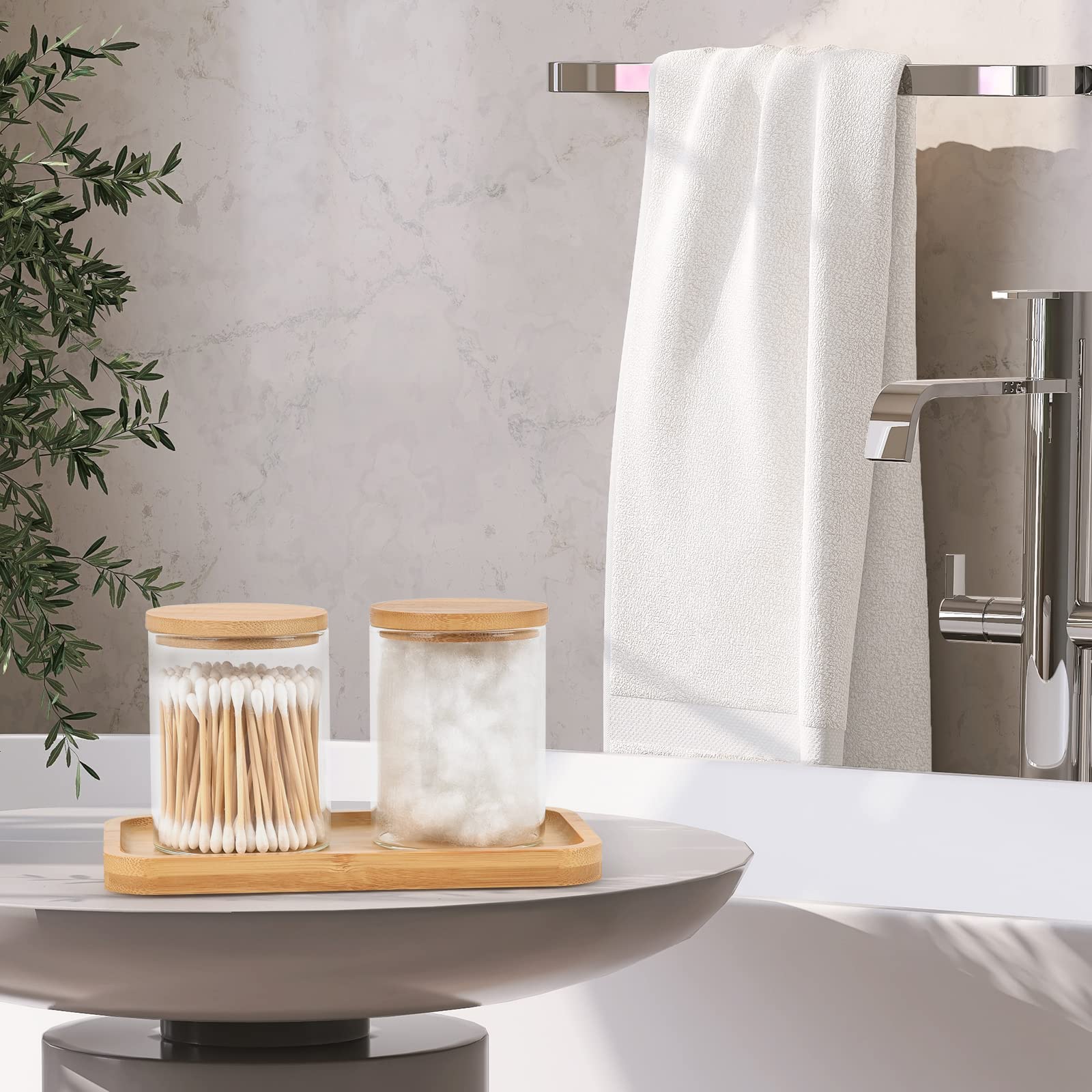 BKYFPQ Glass Qtip Holder Dispenser with Bamboo Vanity Tray