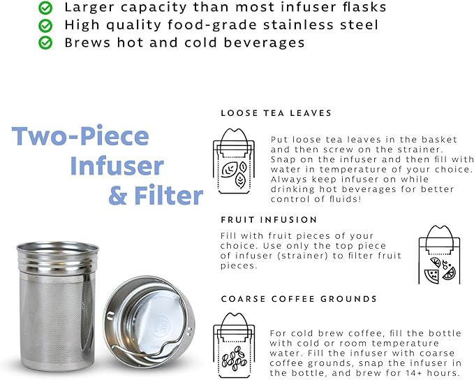 London Sip 25 oz Multi-Function Travel Mug and Tumbler Tea Infuser Water Bottle Fruit Infuser Flask Hot and Cold Double Wall Stainless Steel Coffee Thermos, Zen Black, Pack of 2