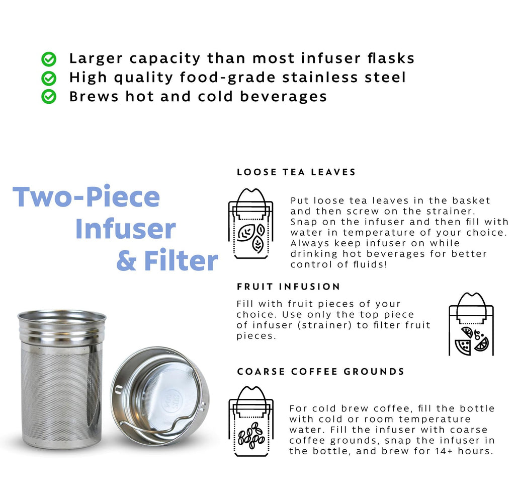 London Sip 25 oz Multi-Function Travel Mug and Tumbler Tea Infuser Water Bottle Fruit Infuser Flask Hot and Cold Double Wall Stainless Steel Coffee Thermos, Celestial Blue