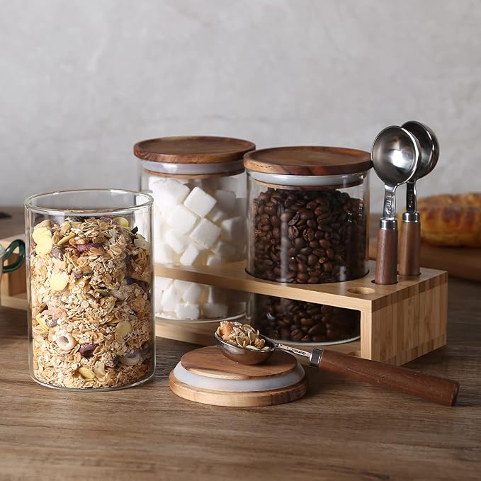 KKC HOME ACCENTS Sealed Glass Food Storage Jars with Scoop for Kitchen Counter,Glass Tea Canisters for Loose Tea,Ground Coffee,Bean,Sugar,Nut,Wooden Top Glass Containers with Spoons,25 Fluid-oz