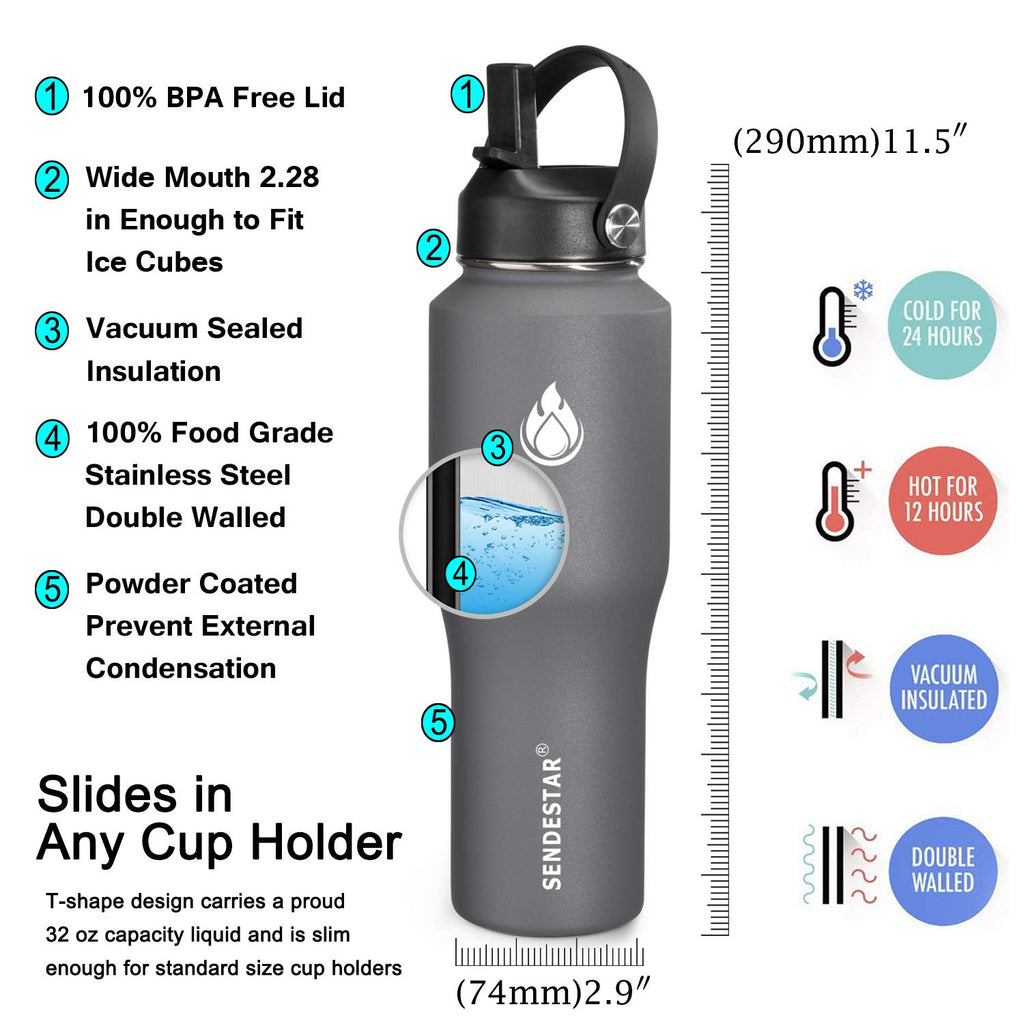 SENDESTAR Water Bottle 32oz,2 Lids(Straw lid),Wide Mouth Stainless Steel Vacuum Insulated Double Wall Keep Liquids Cold or Hot All Day,Sweat Proof Sport Design,Fit Car Cup Holder(Dark Gray)