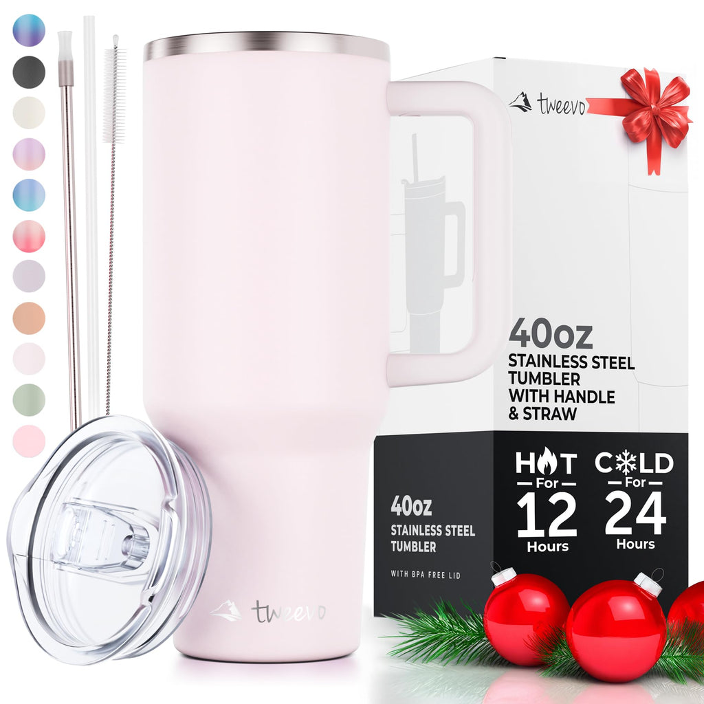 tweevo 40 oz Tumbler With Handle and Straw Made of Stainless Steel - Double Wall Vacuum Insulated Tumbler With Lid - Sweat Proof Easy Grip, BPA-Free, Dishwasher Safe Tumbler (Rose Quartz)
