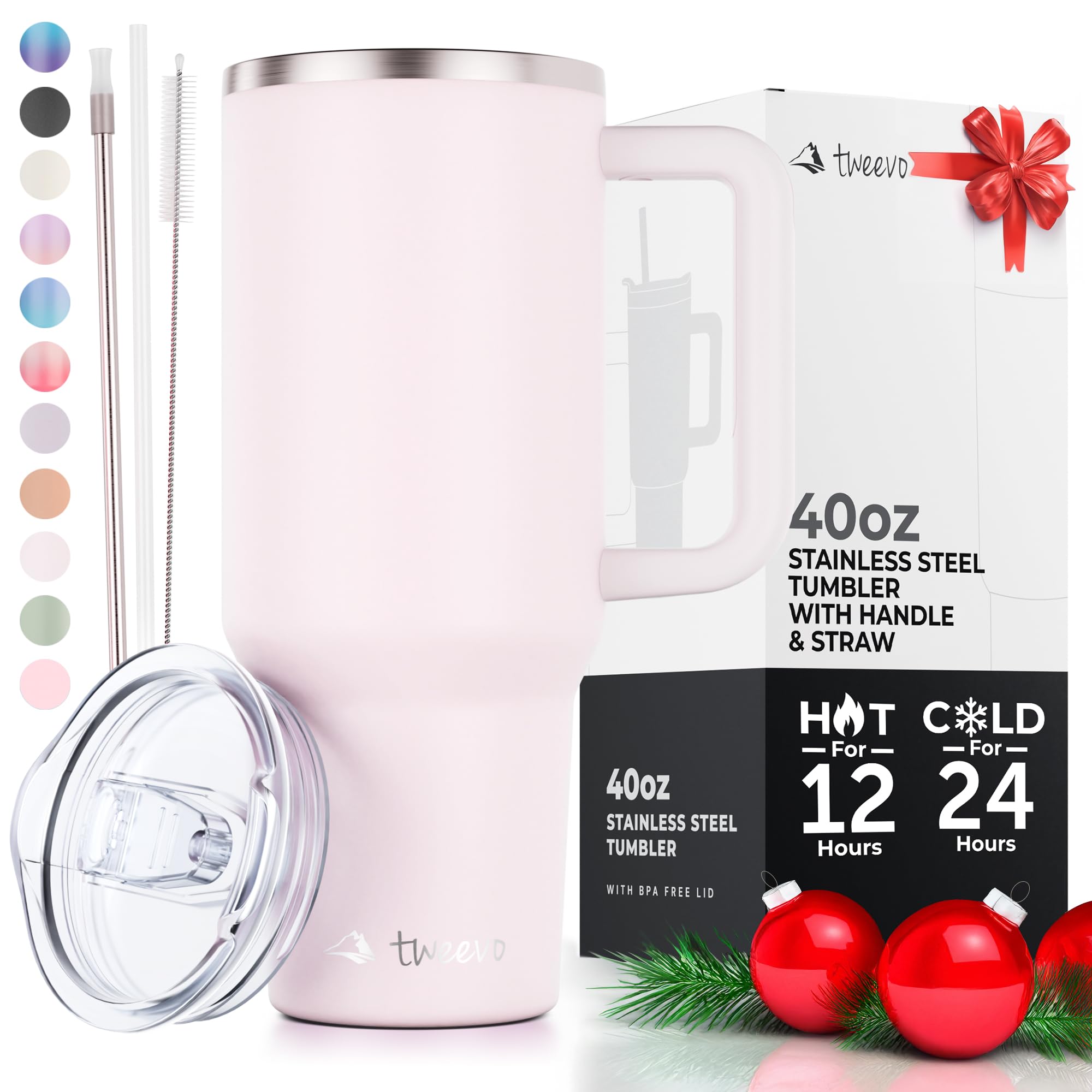 tweevo 40 oz Tumbler With Handle and Straw Made of Stainless Steel - Double Wall Vacuum Insulated Tumbler With Lid - Sweat Proof Easy Grip, BPA-Free, Dishwasher Safe Tumbler (Rose Quartz)