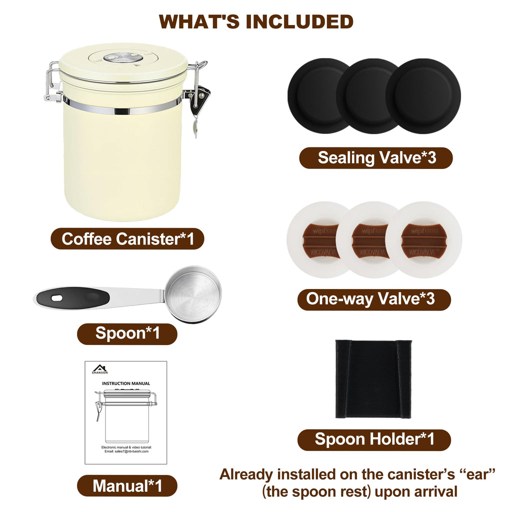 ShanSon Coffee Canister Airtight, Stainless Steel Bean Storage Container with Date Tracker & Scoop, Grounds Sugar Flour Tea Cereal Fits Kitchen Pantry, Ideal Gift for Coffee Lovers,16oz,Beige