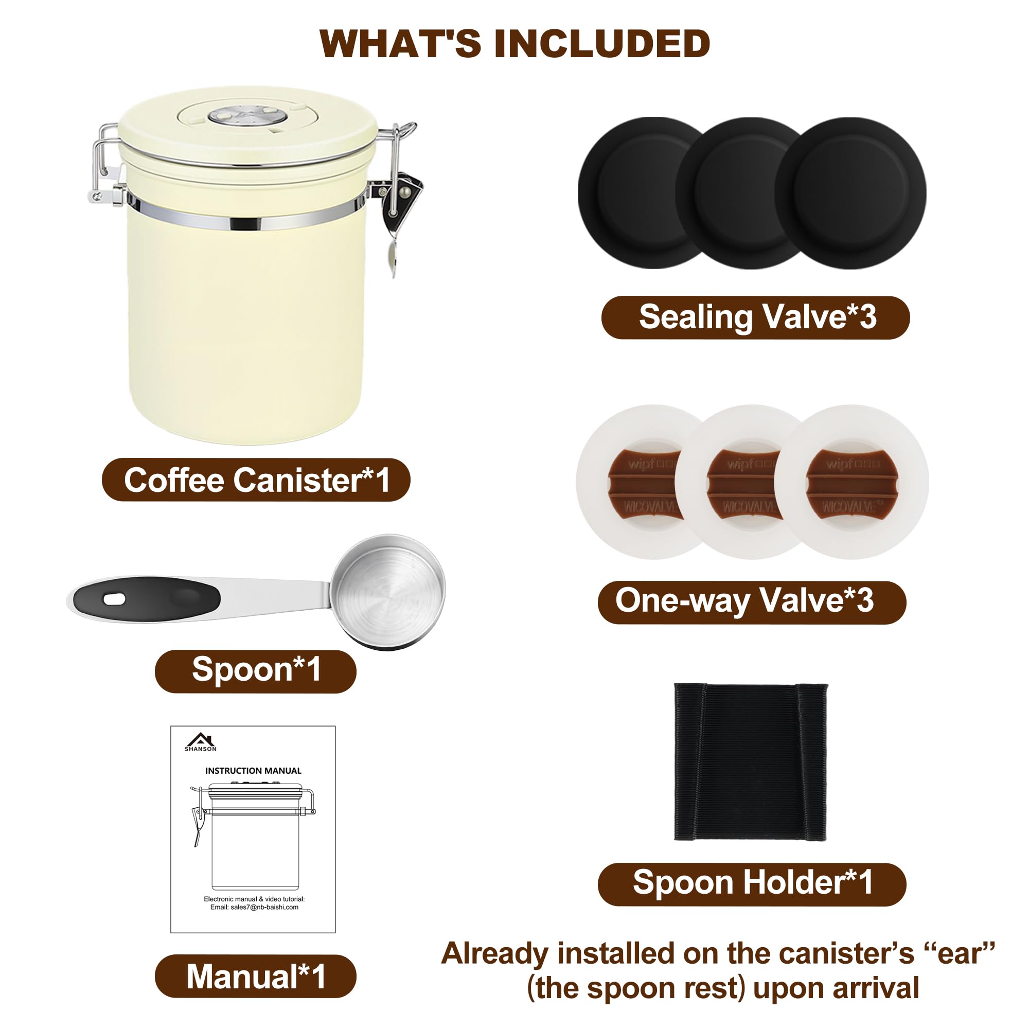 ShanSon Coffee Canister Airtight, Stainless Steel Bean Storage Container with Date Tracker & Scoop, Grounds Sugar Flour Tea Cereal Fits Kitchen Pantry, Ideal Gift for Coffee Lovers,16oz,Beige