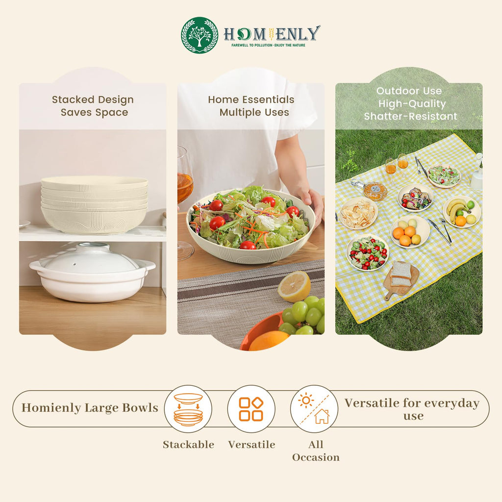 Homienly 65 oz Large Salad Bowls Wheat Straw Big Bowls 10 inch Serving Bowls Wheat Straw Plates Bowl Set of 6 Wide and Shallow Bowl for Kitchen Dishwasher Safe-Beige