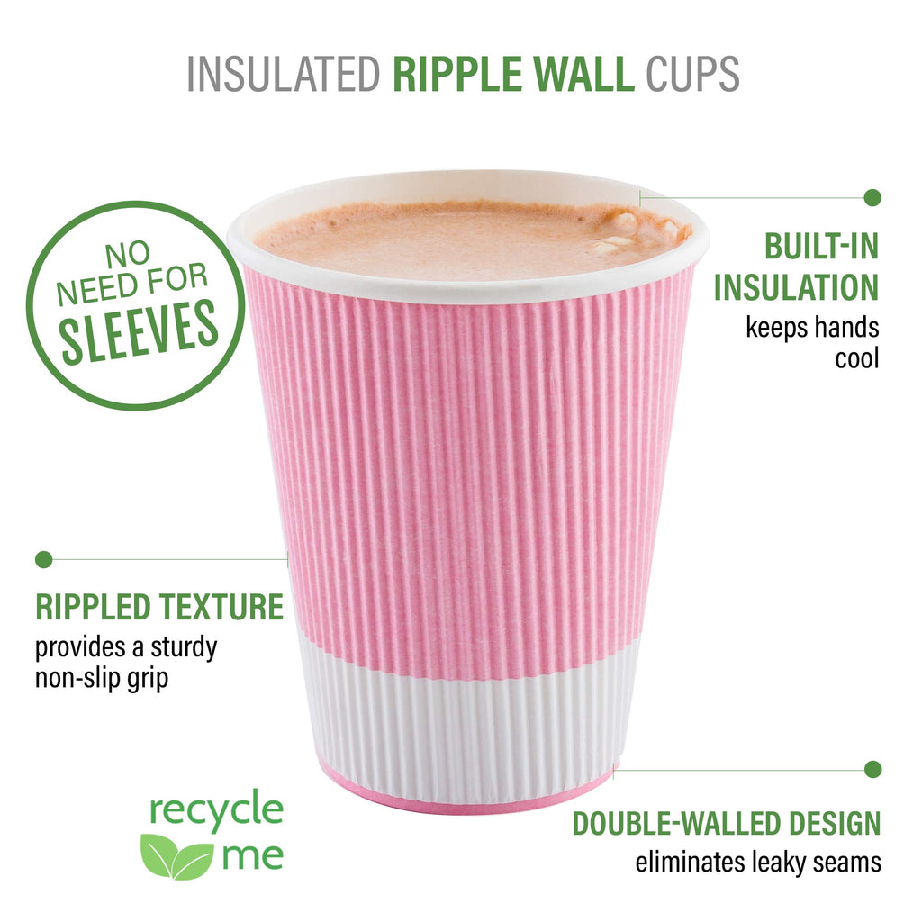Restaurantware Ripple Wall Coffee Cups 25 Count 8 Ounce Insulated Light Pink Paper Cups, Rolled Rim Spill-Resistant Disposable Paper Non-Slip for Coffee, Beverages
