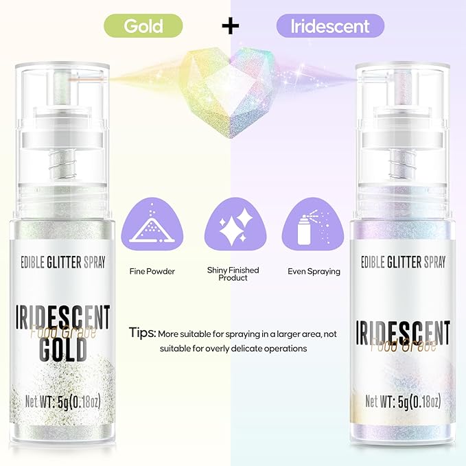 Edible Glitter Spray,2 Colors Iridescent & Iridescent Gold Food Grade Edible Glitter Set for Drink Cake Beverages,Cupcakes,Cake Pops and Cookies Decorating