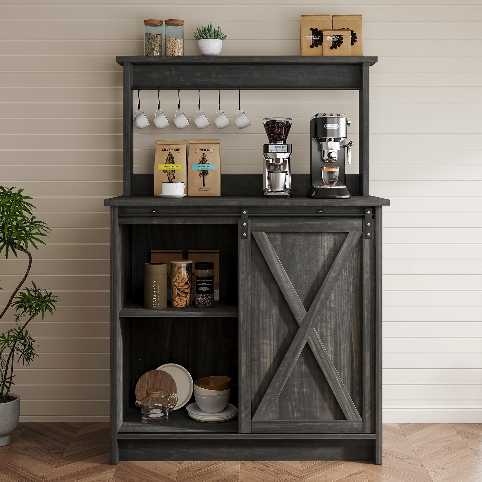 4ever2buy Farmhouse Coffee Bar Cabinet with Sliding Barn Door, 31.5", Dark Oak