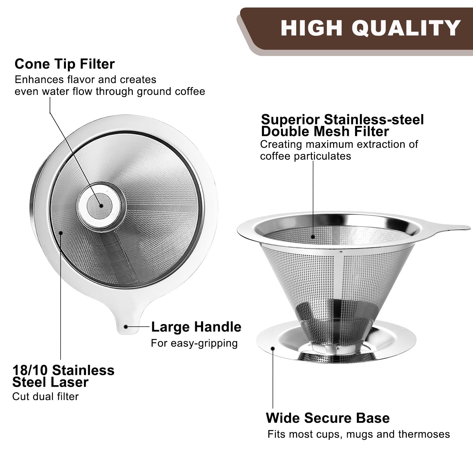 ANNMEXX Upgraded Pour Over Coffee Filter, Coffee Dripper, Paperless Mess Stainless Steel Coffee Filter, Maker One to Two Cup, Keeping Nature Coffee Flavour, Easy to Use and Clean (Large)