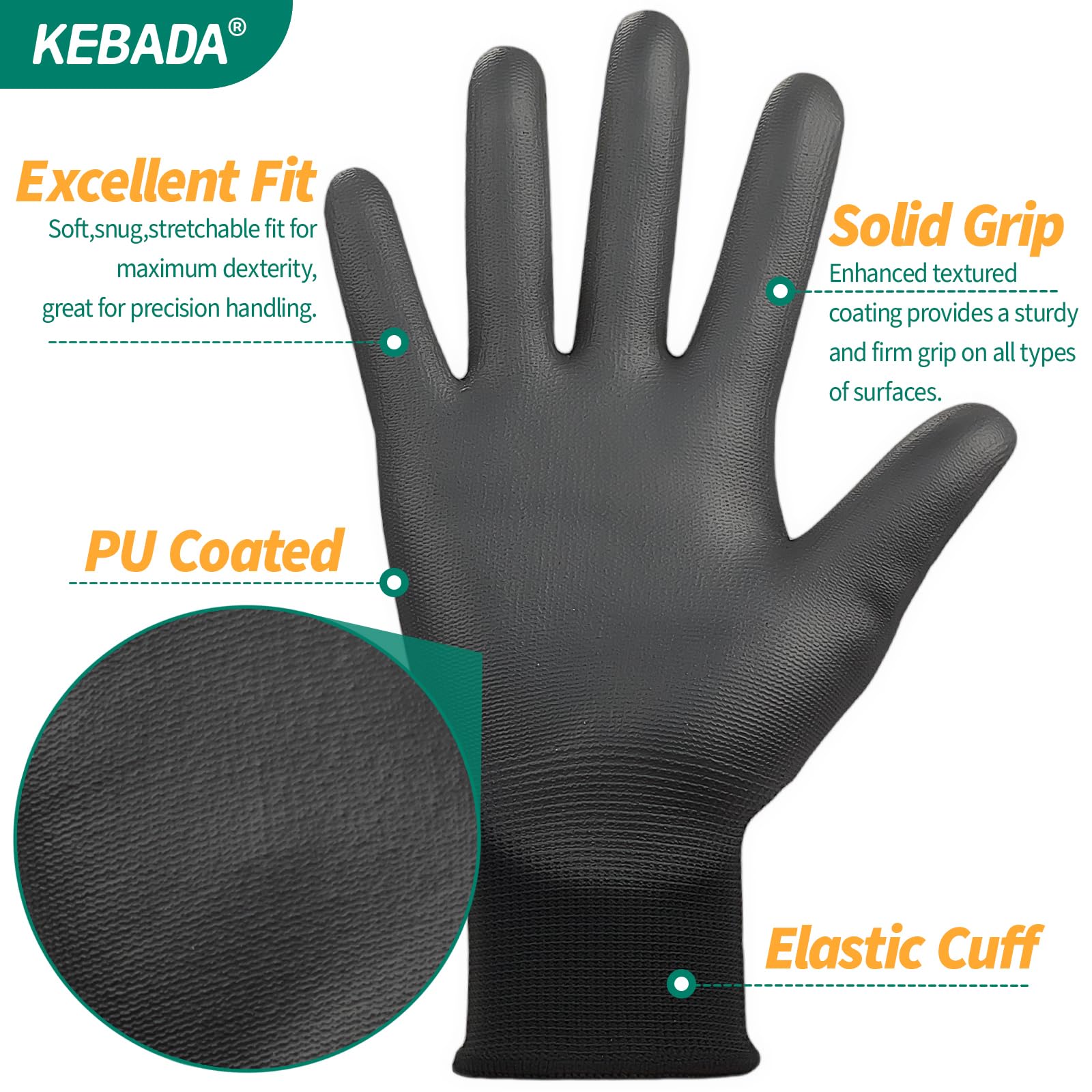 Kebada W1 Safety Work Gloves for Men & Women, 50 Pairs Bulk Pack, PU Coated