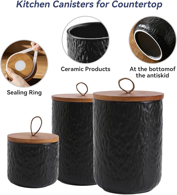 Kitchen Canisters for Countertop, Ceramic Coffee Canisters with Airtight Lids Food Storage Jars Sugar Container for Kitchen Counter Tea, Coffee Beans, Spice (#001Black-44oz/1300ml)