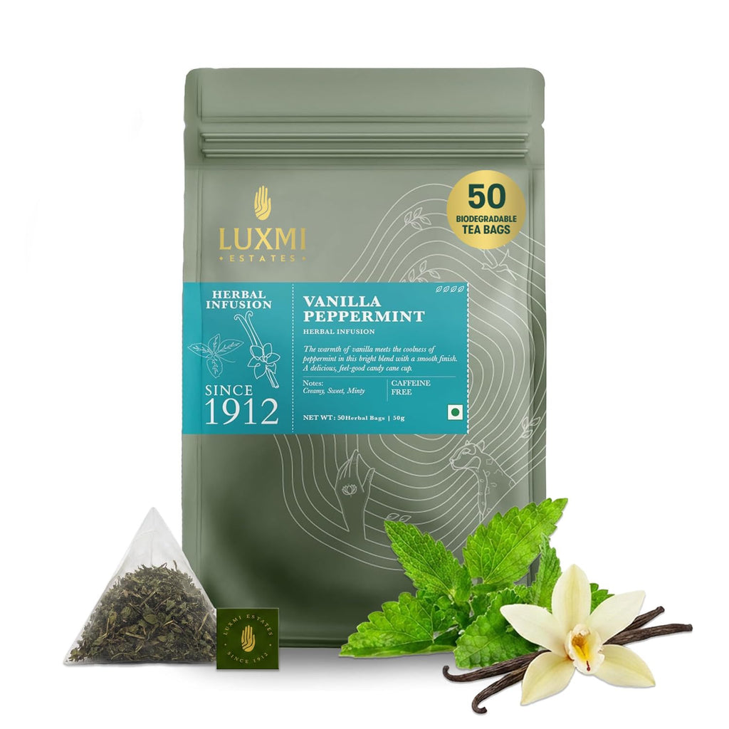 Luxmi Estates Vanilla Peppermint Herbal Tea, 50 Biodegradable Tea Bags (100g, 3.5oz, 50 Cups) | Caffeine-Free Two-Ingredient Blend with Real Peppermint Leaf & Natural Vanilla | Soothing After-Dinner Bulk Pack, Vegan