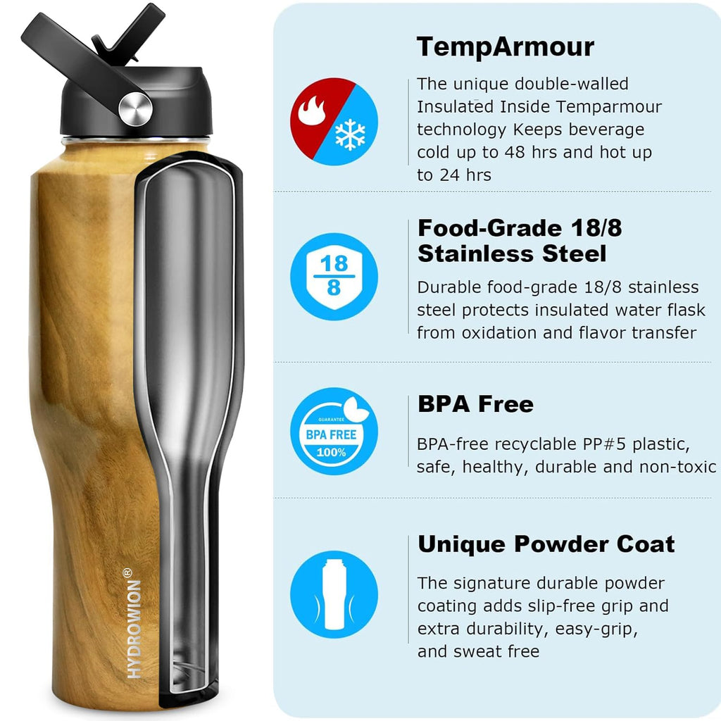 HYDROWION Water Bottle Stainless Steel,Vacuum Insulated Leak Proof Tumbler 32oz with Straw Lid, Spout Lid and Flex Cap(Cold for 48 Hrs, Hot for 24 Hrs), Fit in Any Car Cup Holder, Wood