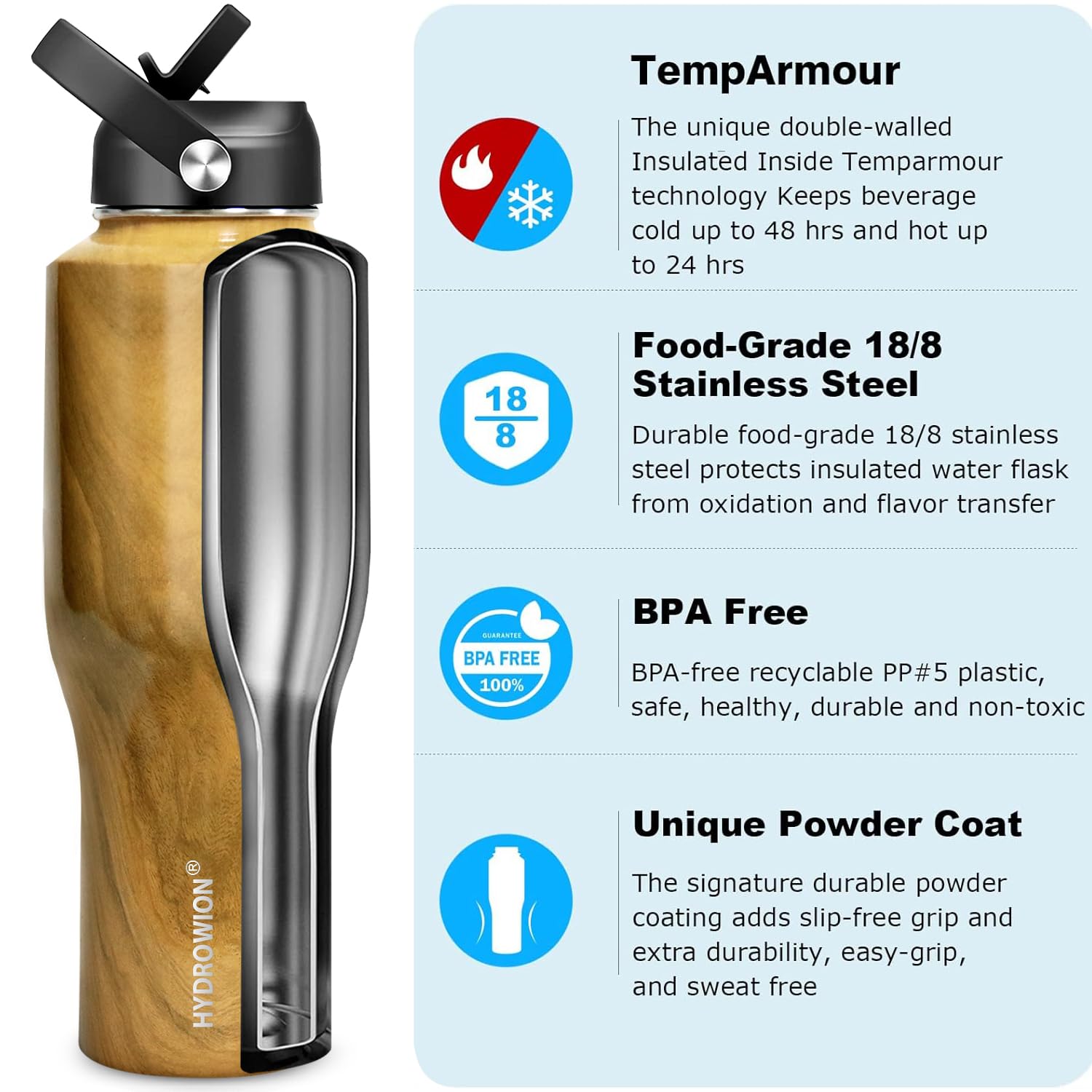 HYDROWION Water Bottle Stainless Steel,Vacuum Insulated Leak Proof Tumbler 32oz with Straw Lid, Spout Lid and Flex Cap(Cold for 48 Hrs, Hot for 24 Hrs), Fit in Any Car Cup Holder, Wood