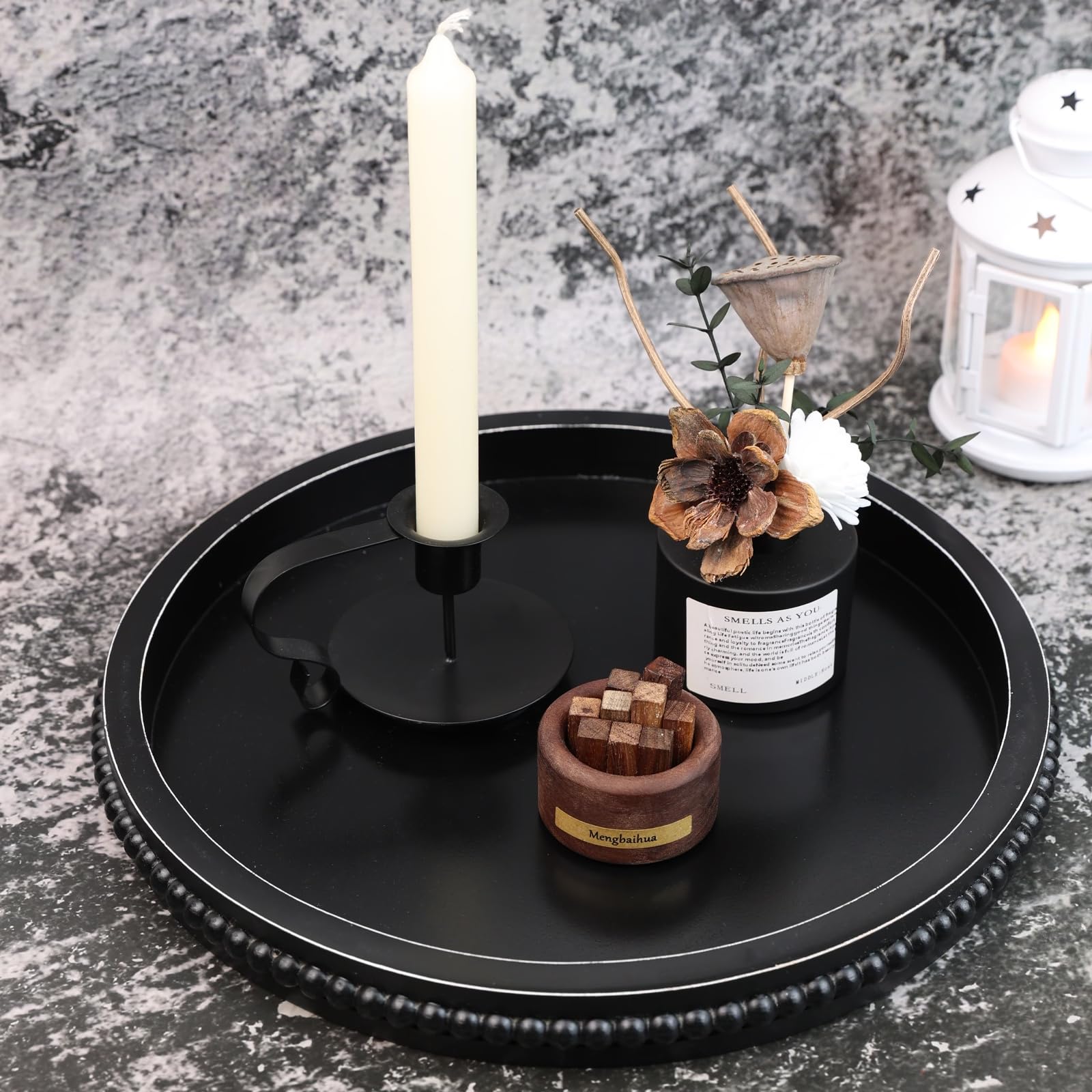 Hrastany Black Round Wood Decorative Ottoman Tray for Coffee Table Kitchen Counter, Living Room, Handcrafted Wooden Serving Tray for Table Centerpiece