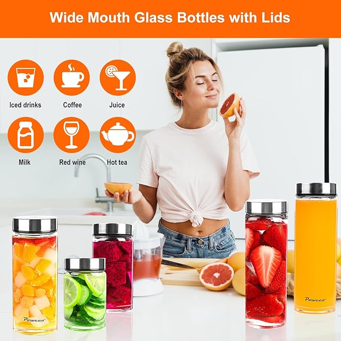 16oz Glass Juice & Water Bottles 6-Pack with Lids- Wide Mouth Reusable Borosilicate Glass- for Juicing, Smoothies, Protein Shakes, Blender & Shaker Bottle- Refillable & Dishwasher Safe(16 oz/500ml)