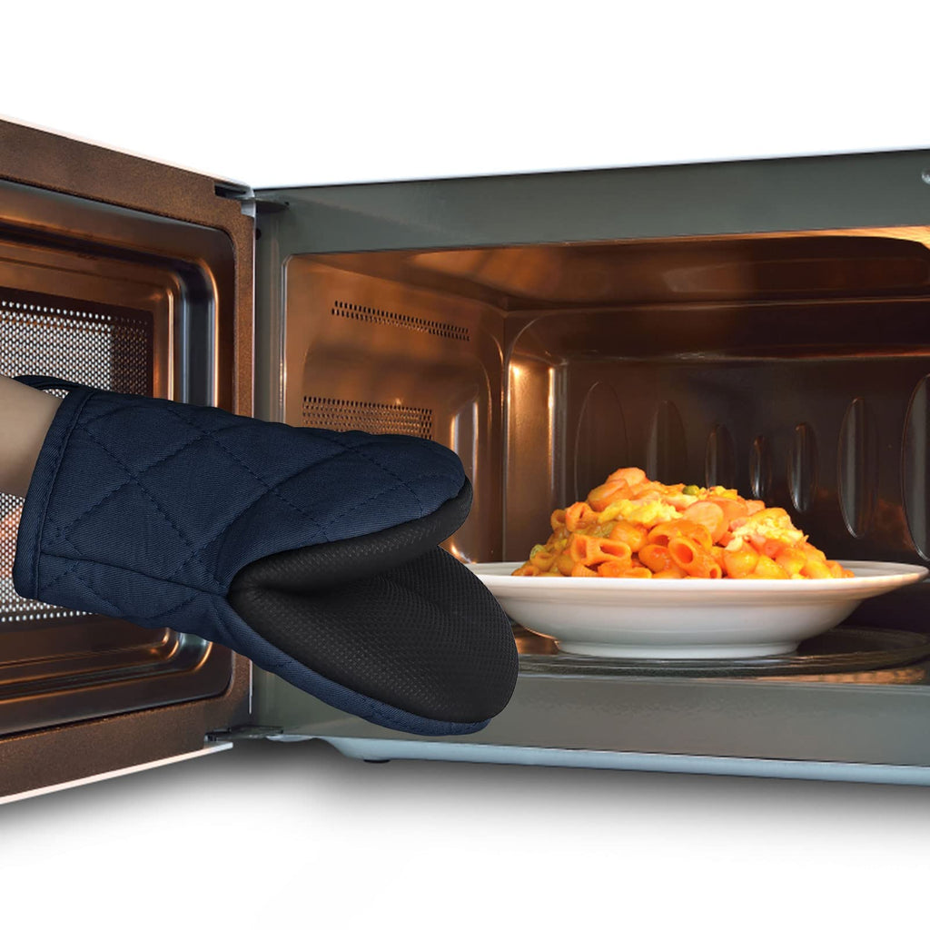 Short Oven Mitts, Heat Resistant 500°F, Silicone Grip Kitchen Gloves, Non-Slip for Baking, Grilling, BBQ, Machine Washable with Hanging Loop, 2-Pack Set, Navy Blue