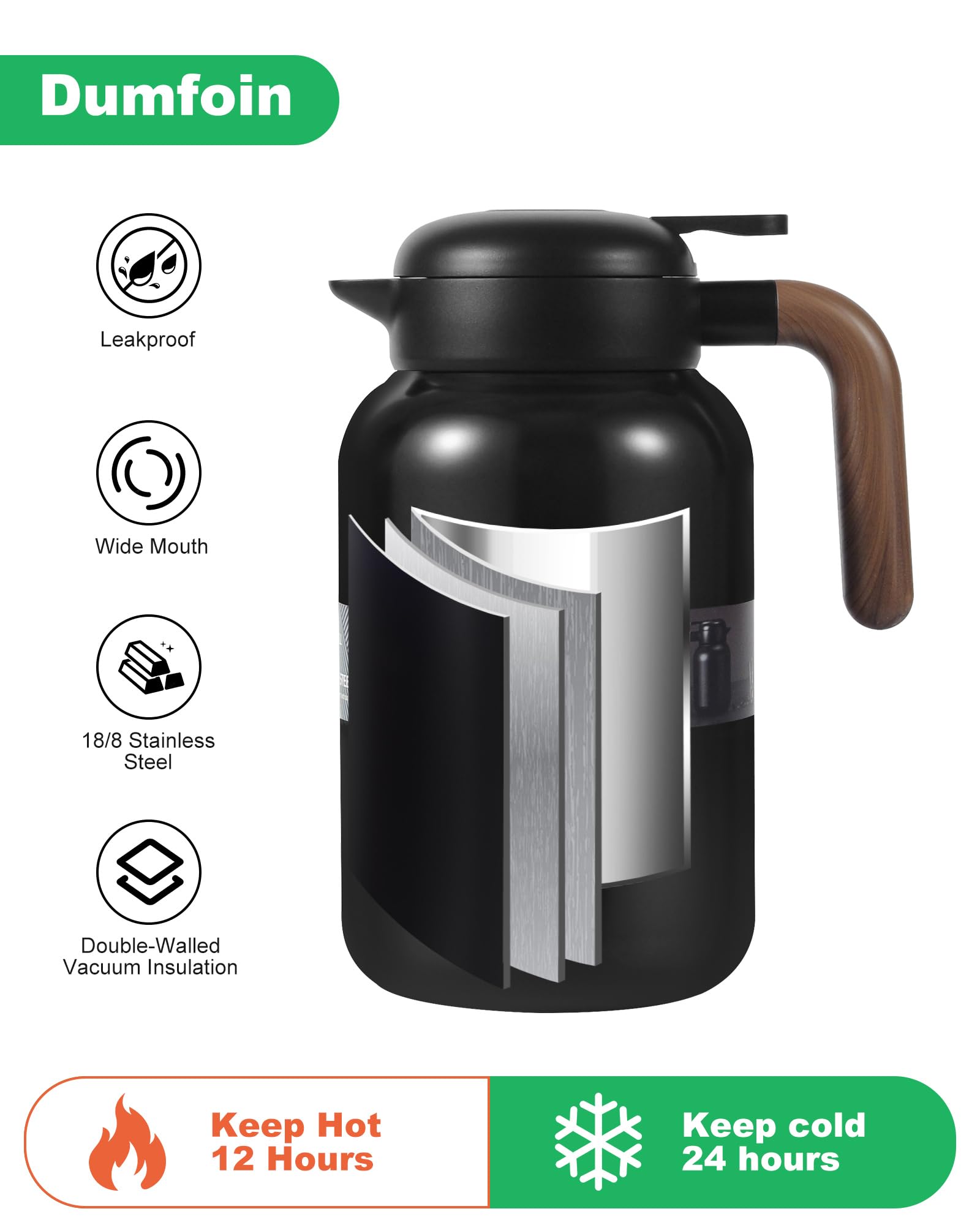 68 Oz Thermal Coffee Carafe, Stainless Steel Insulated Vacuum Coffee Carafes For Keeping Hot, 2 Liter Carafe for Hot Liquids (Matte Black)