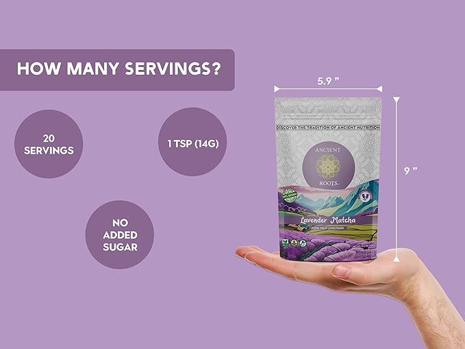 Ancient Roots Lavender Matcha - Green Tea Powder - 100% Japanese Matcha, All-natural Flavor No Added Sugar, Monk Fruit Sweetened, Clean Caffeine, Big Size,10.5 Ounce