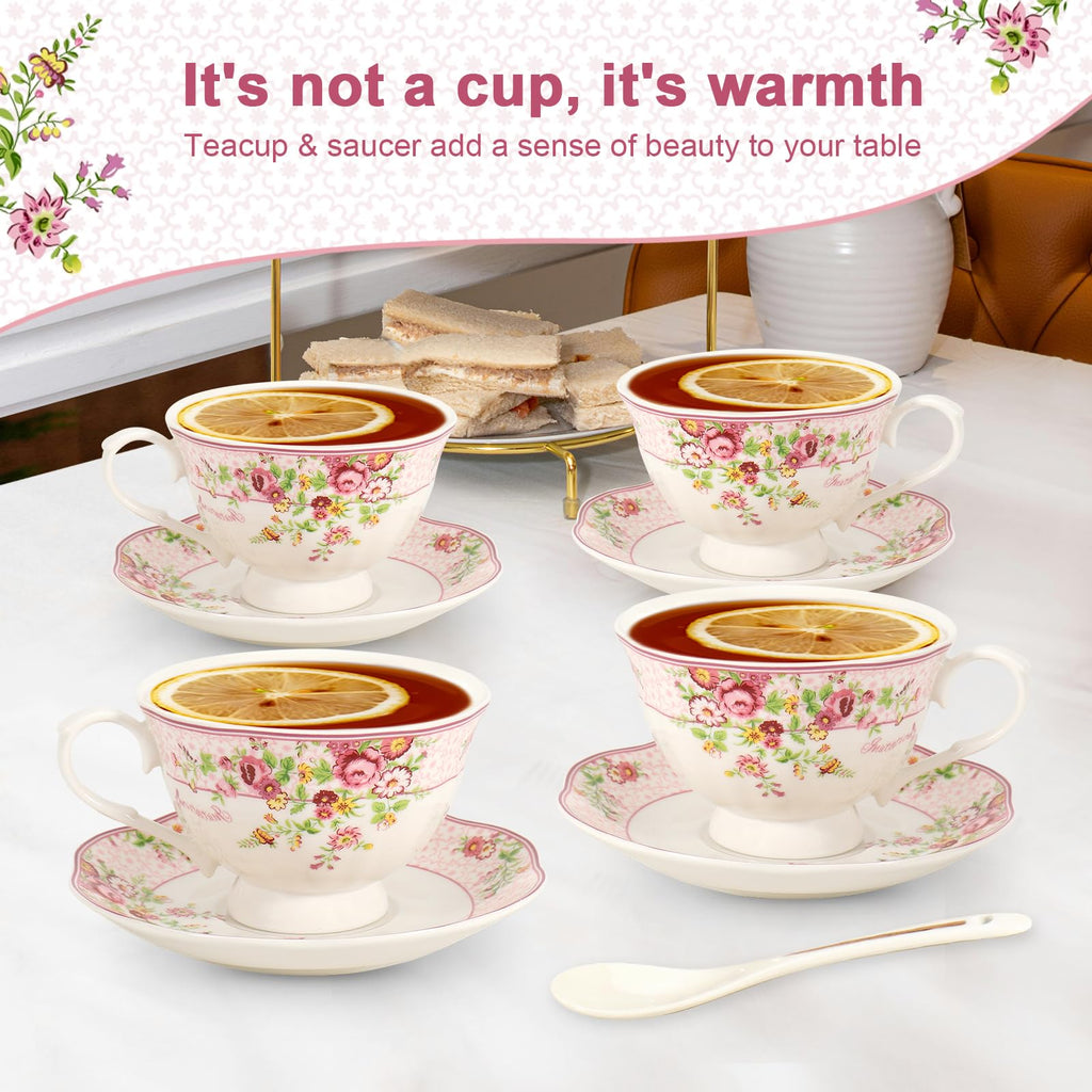 SWEDOU Cup and Saucer Sets of 6 with Spoon, 8oz Ceramic Tea Cups Saucers Set Porcelain New Bone China Floral Vintage Coffee Cup & Saucer Sets -Microwave Dishwasher Safe (Pink)