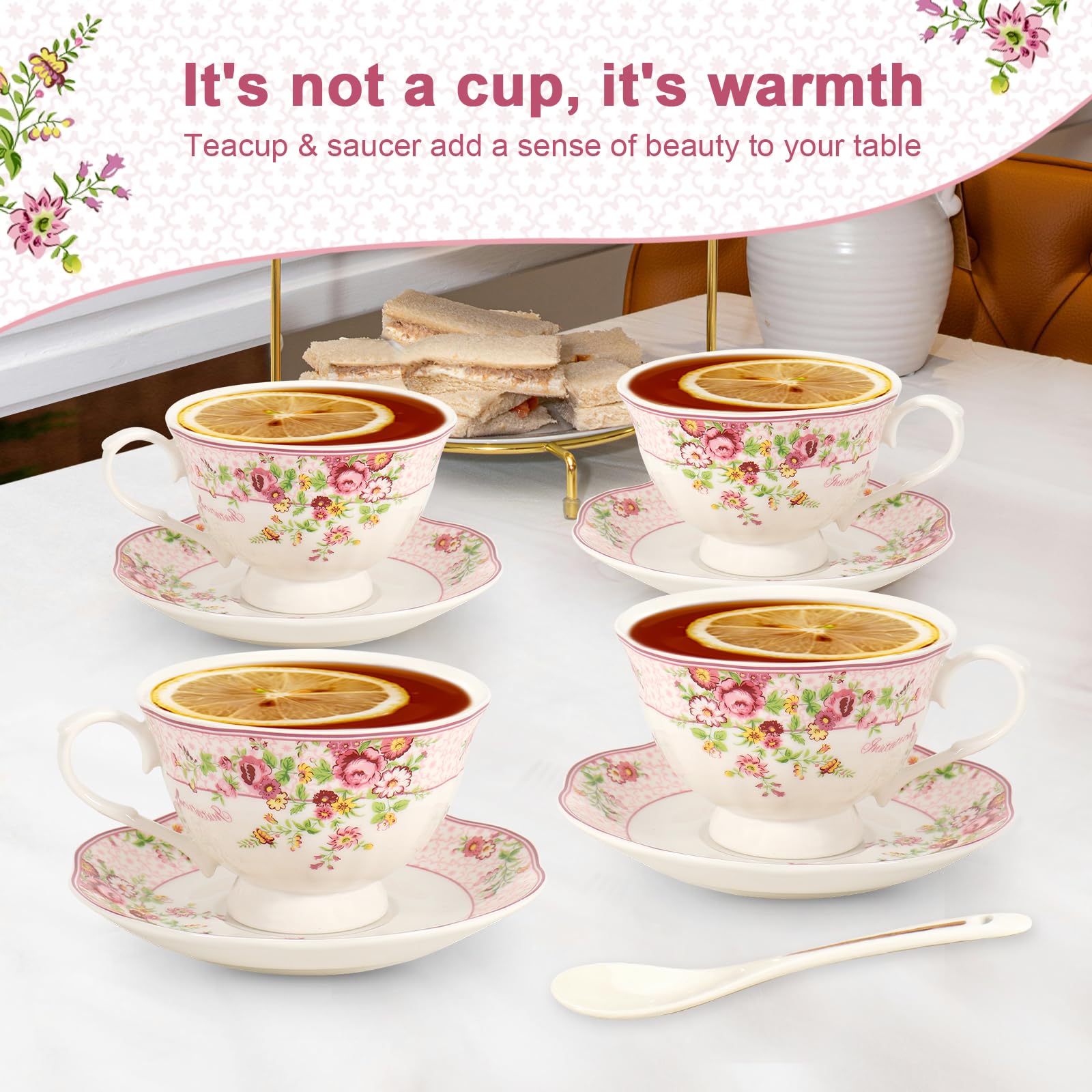 SWEDOU Cup and Saucer Sets of 6 with Spoon, 8oz Ceramic Tea Cups Saucers Set Porcelain New Bone China Floral Vintage Coffee Cup & Saucer Sets -Microwave Dishwasher Safe (Pink)