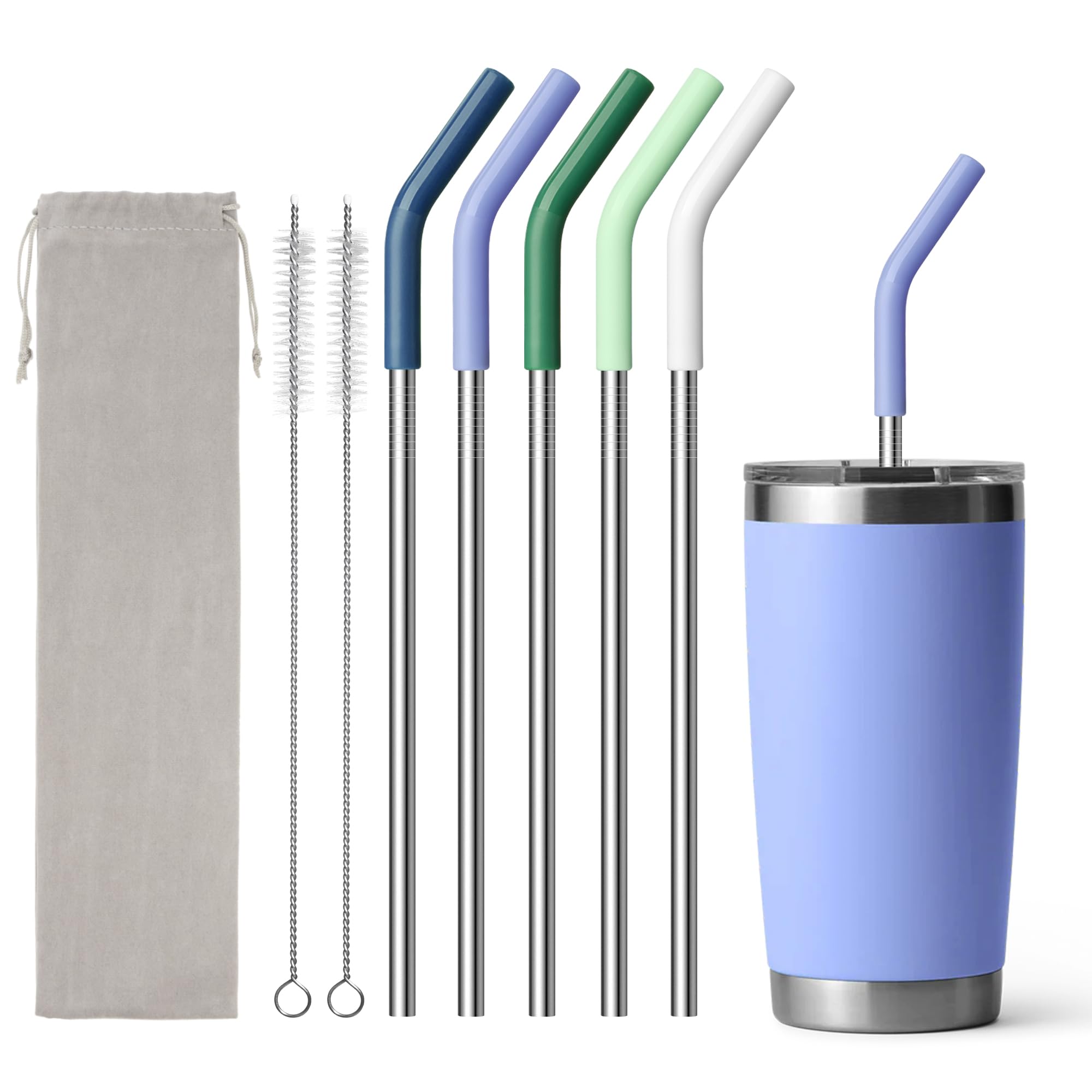 Diumepo 8.5" Metal Straws Reusable for 20 oz Tumbler, 5 Pcs Stainless Steel Drinking Straws for Yeti/RTIC/CIVAGO 20 oz Tumblers, 1 Portable Bag