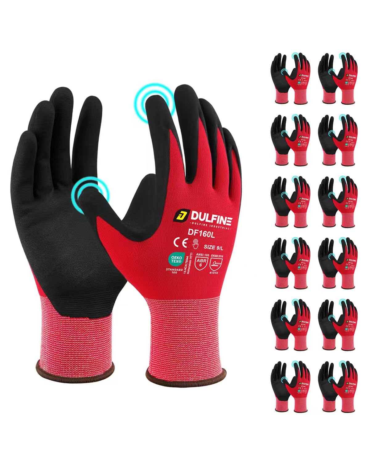 DULFINE MicroFoam Nitrile Coated 12 Pairs Work Gloves for Men Red M