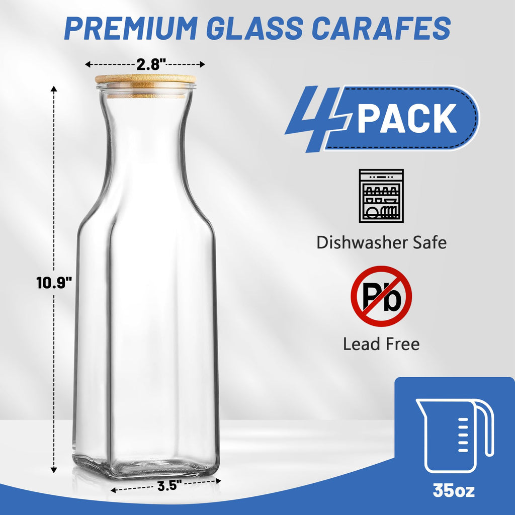 Tinaforld Glass Carafe with Bamboo Lid, Square 35 Oz Beverage Dispensers Carafe, Mimosa Bar Supplies, Round Clear Glass Pitcher with Name Labels for Iced Tea, Coffee, Juice(Set of 6)