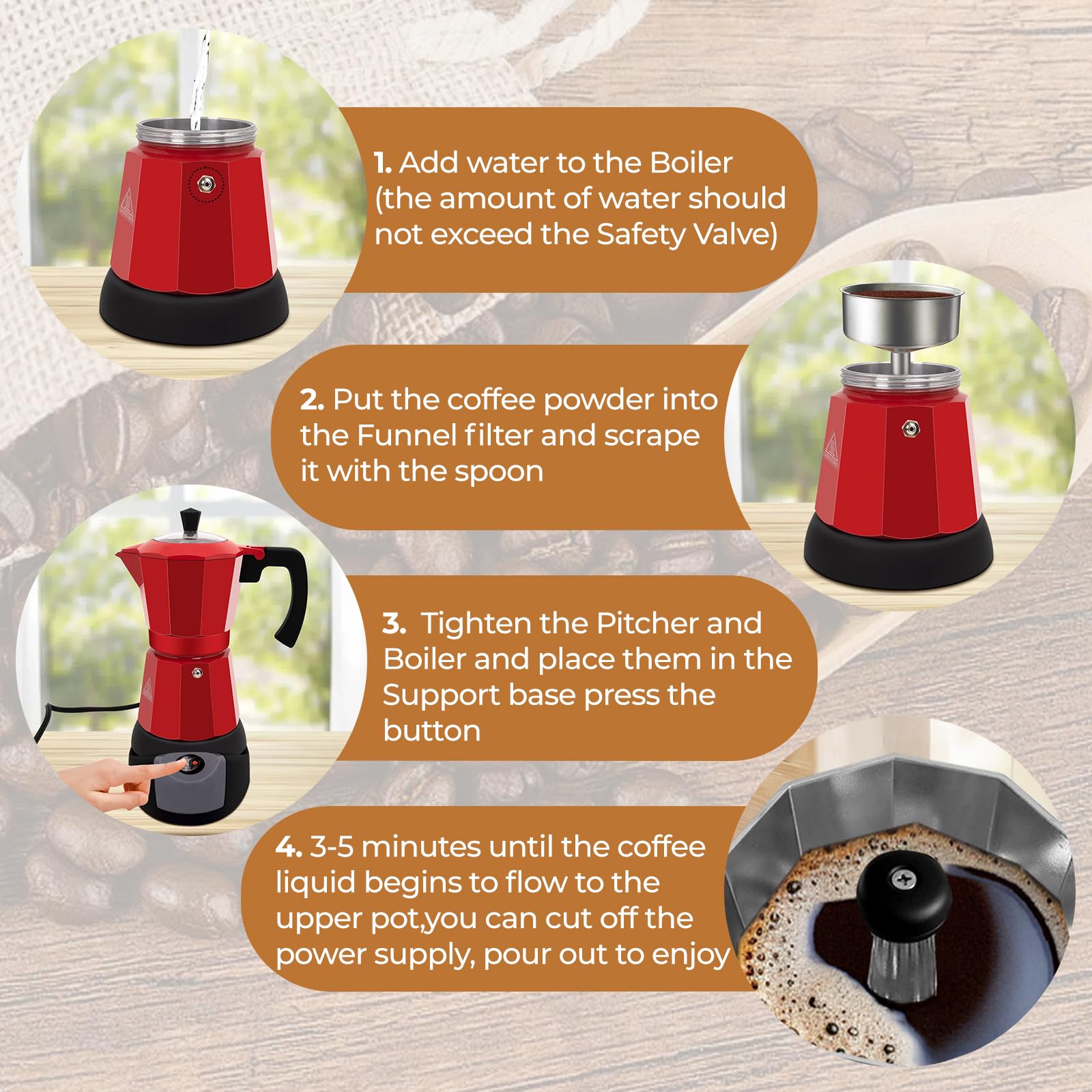 Vaolvpant Electric Aluminum Moka Pot 3-6 Cup 150-270ml Espresso Maker