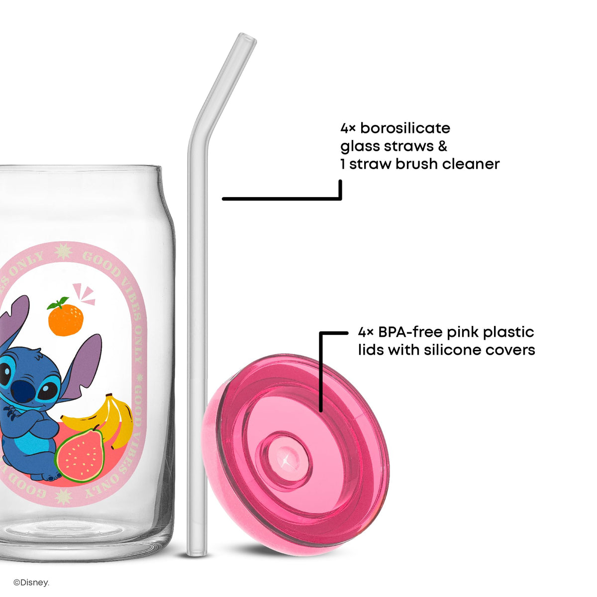 JoyJolt Disney Stitch Island Vibes Glass Tumblers with Lids and Straws, 16oz Glass Cups with Lids and Straws, Can Shaped Drinking Glasses Set of 4, Stitch Stuff, Disney Gifts for Adults