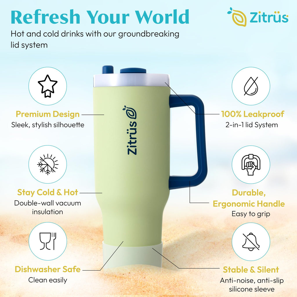 ZITRÜS 40 oz Tumbler with Handle and Straw | Leak Proof Insulated Stainless Steel Water Bottle Travel Mug Fits in Cup Holder | Keeps Cold Hot | Gifts for Women Men Him Her (Pastel Green, 40 oz)