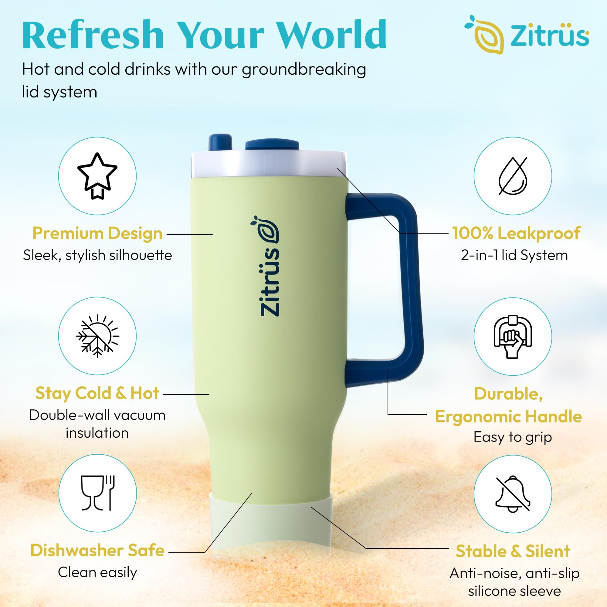 ZITRÜS 40 oz Tumbler with Handle and Straw | Leak Proof Insulated Stainless Steel Water Bottle Travel Mug Fits in Cup Holder | Keeps Cold Hot | Gifts for Women Men Him Her (Pastel Green, 40 oz)