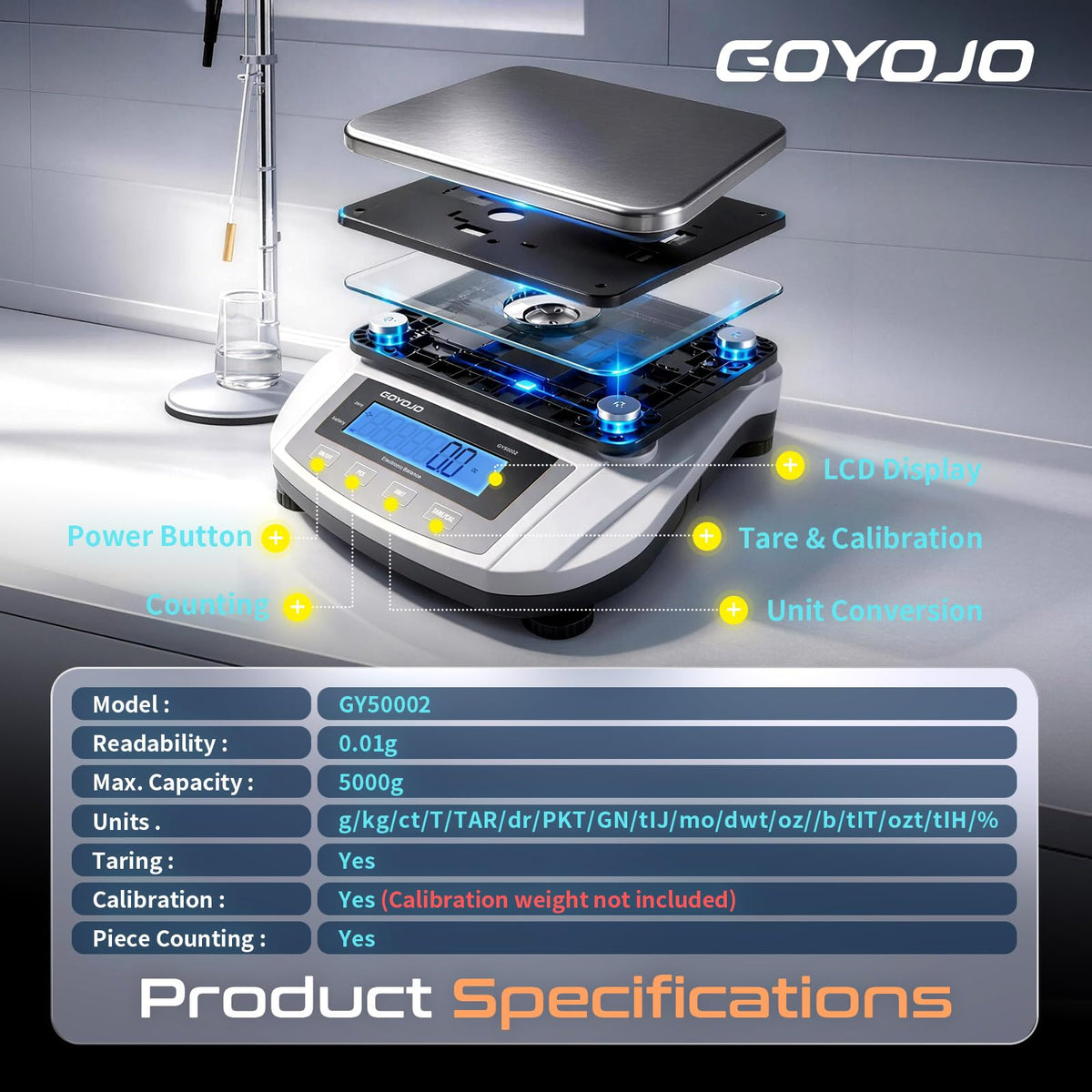 GOYOJO Analytical Balance, 5000g x 0.01g Lab Scale, High Precision Digital Scientific Scale with Stainless Steel Pan, 19 Units, Tare & Piece Counting for Laboratory, Jewelry and Kitchen
