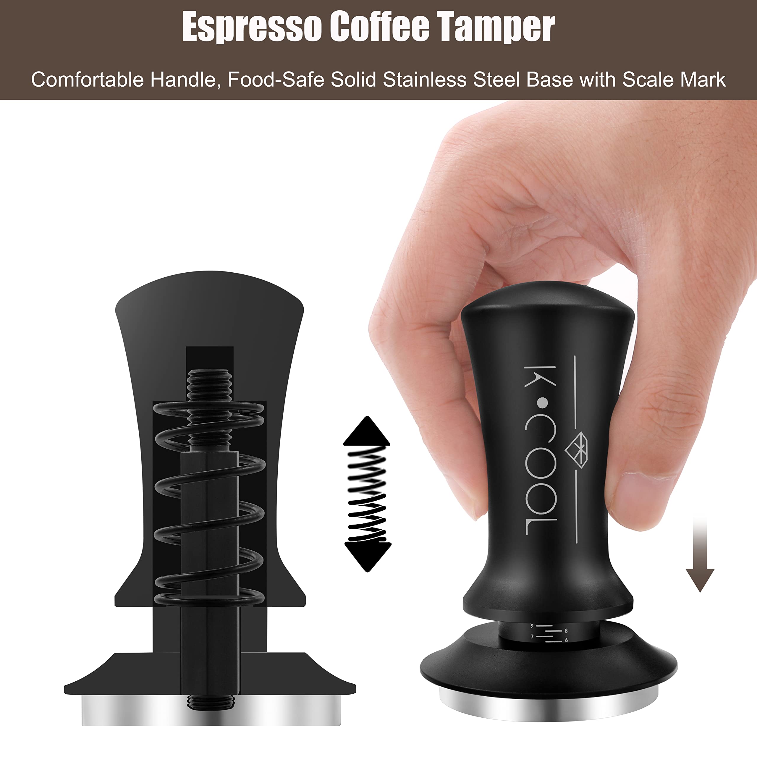 K COOL 51mm Coffee Espresso Tamper, Premium Barista Tools, Calibrated Spring Tamper, 100% Stainless Steel Flat Base Tamper with Scale Mark for Espresso Machine (Black)