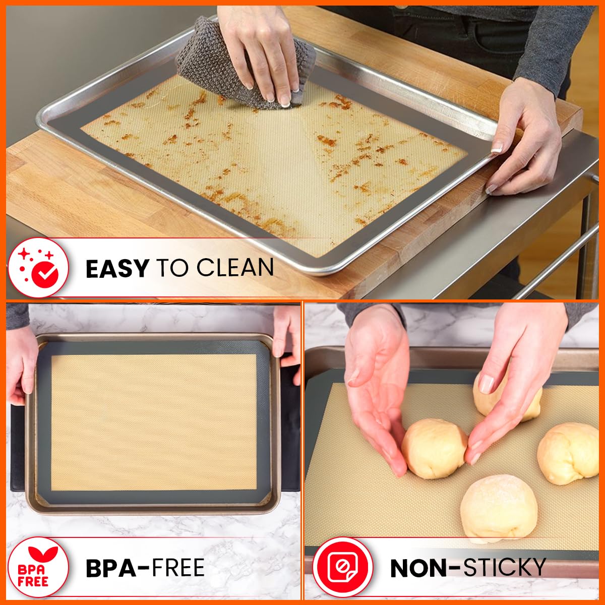 Silicone Baking Mat - 2 Pack Reusable Silicone Baking Sheet Liner for Oven - Half Sheet Nonstick Mat 16.5"x11.6" for Bread, Dough, Macaron, Cookie Cooking Liners for Kitchen Counter Bakery Supplies