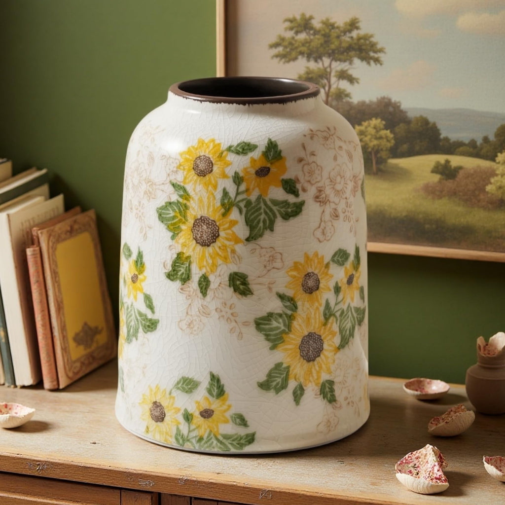Levvohd Vintage Ceramic Vase, Sunflower Pattern 7.9 Inch, Medium Cylinder
